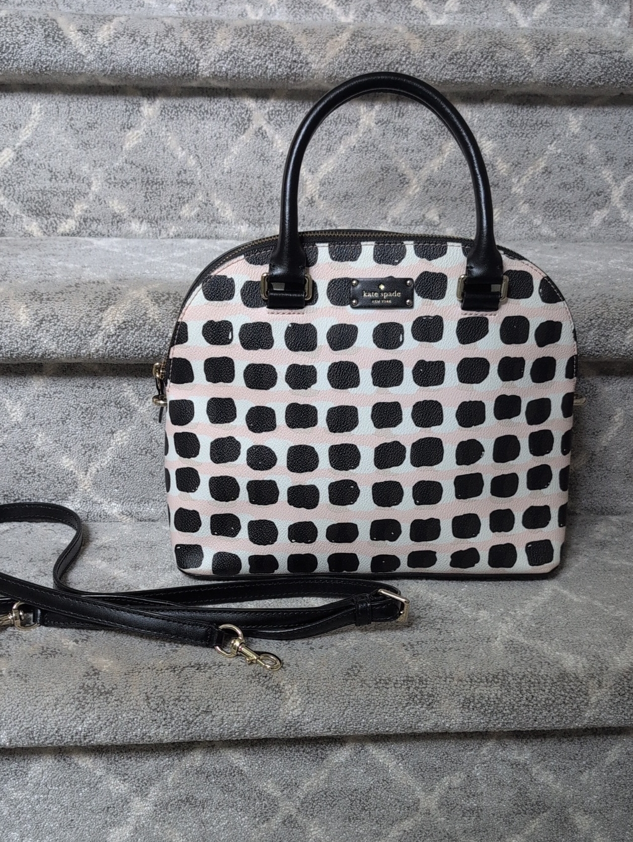 Kate Spade Black & White Dot Dome Satchel With Detachable Crossbody Strap